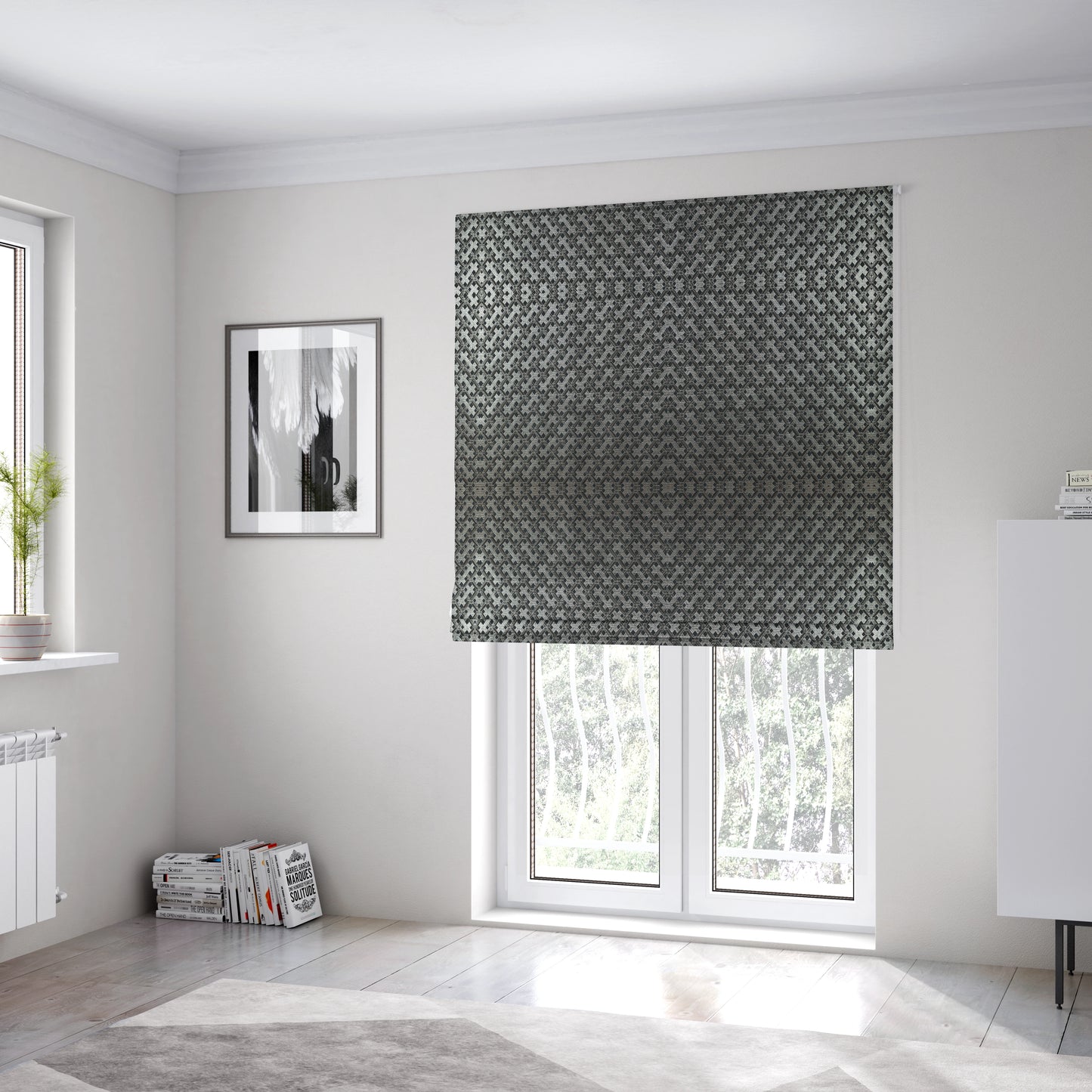 Ayon Geometric Pattern Black Silver Coloured With Shine Furnishing Fabric CTR-1285 - Roman Blinds