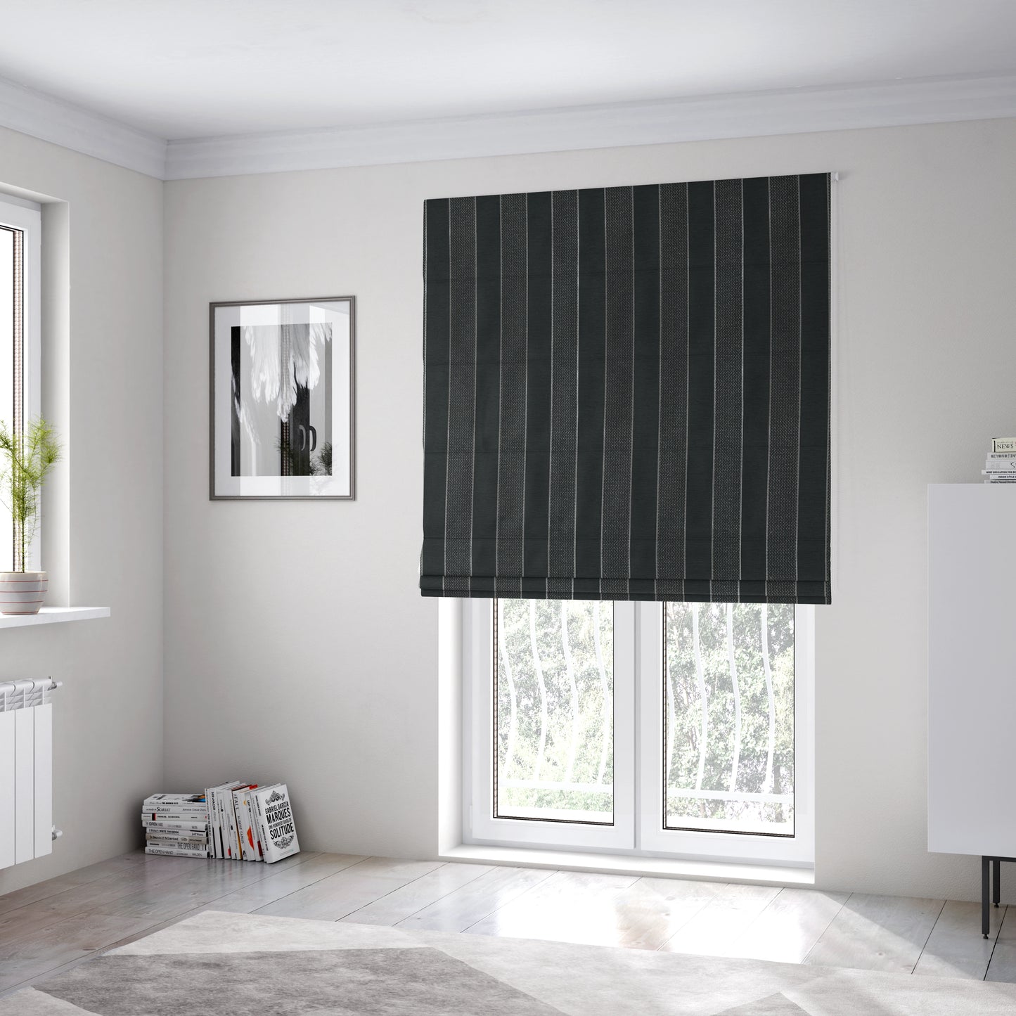 Ayon Stripe Pattern Black Silver Coloured With Shine Furnishing Fabric CTR-1286 - Roman Blinds