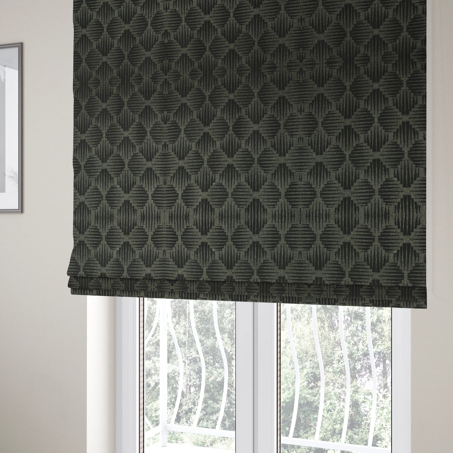 Canberra Geometric Pattern Chenille Black Material Upholstery Fabric CTR-1297 - Roman Blinds