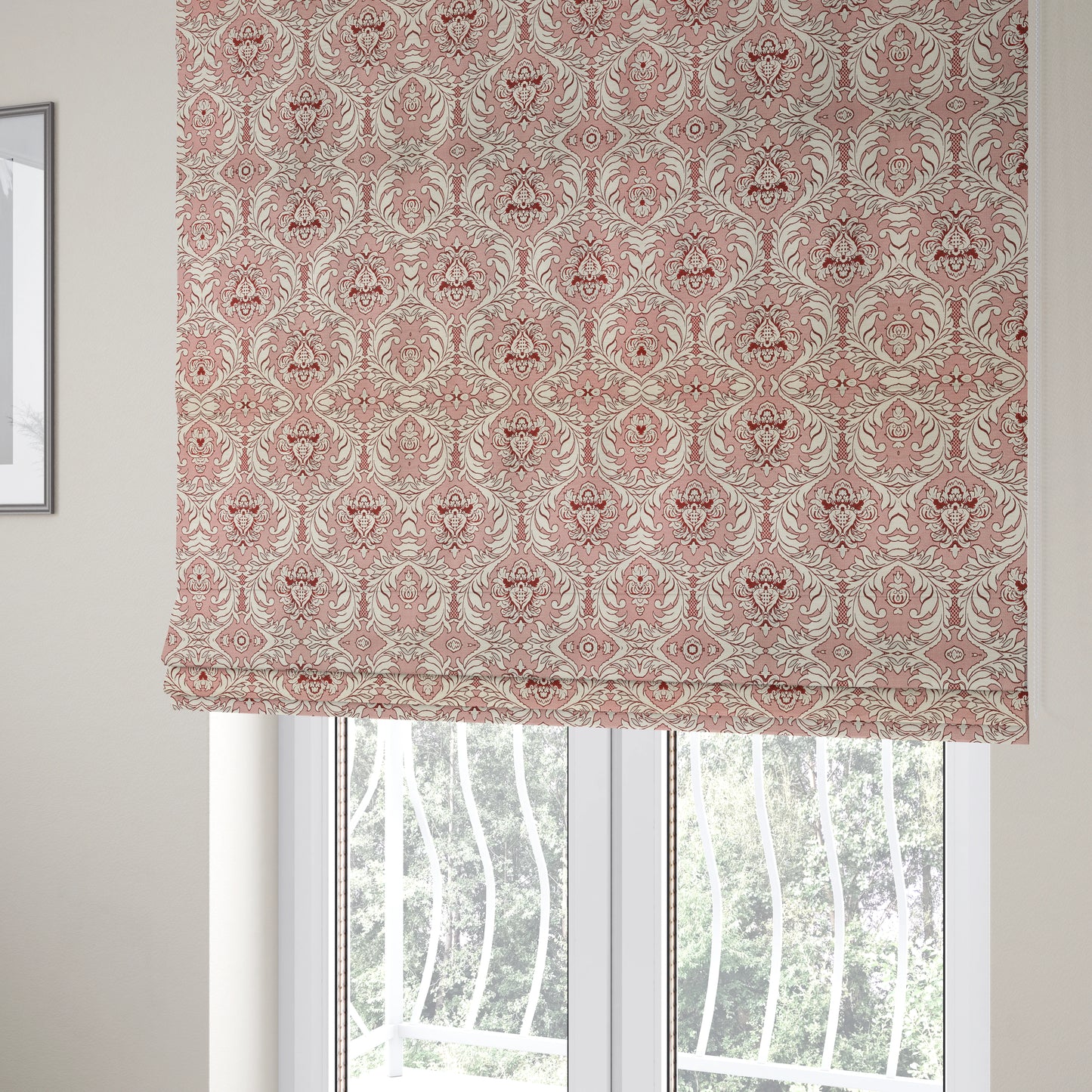 Sultan Collection Damask Pattern Silver Shine Effect Red Colour Upholstery Fabric CTR-132 - Roman Blinds