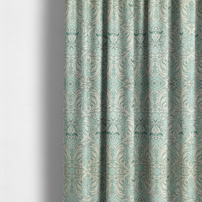 Sultan Collection Damask Pattern Silver Shine Effect Teal Blue Colour Upholstery Fabric CTR-133 - Made To Measure Curtains