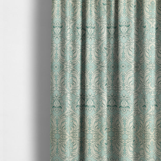 Sultan Collection Damask Pattern Silver Shine Effect Teal Blue Colour Upholstery Fabric CTR-133 - Made To Measure Curtains