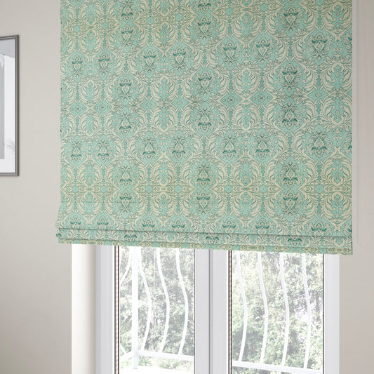 Sultan Collection Damask Pattern Silver Shine Effect Teal Blue Colour Upholstery Fabric CTR-133 - Roman Blinds