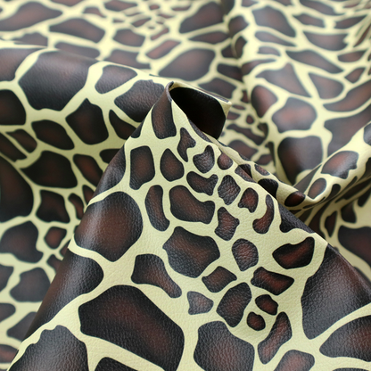 A seamless, repeating fabric pattern featuring a brown and cream giraffe print with a textured, leather-like finish on the dark spots.