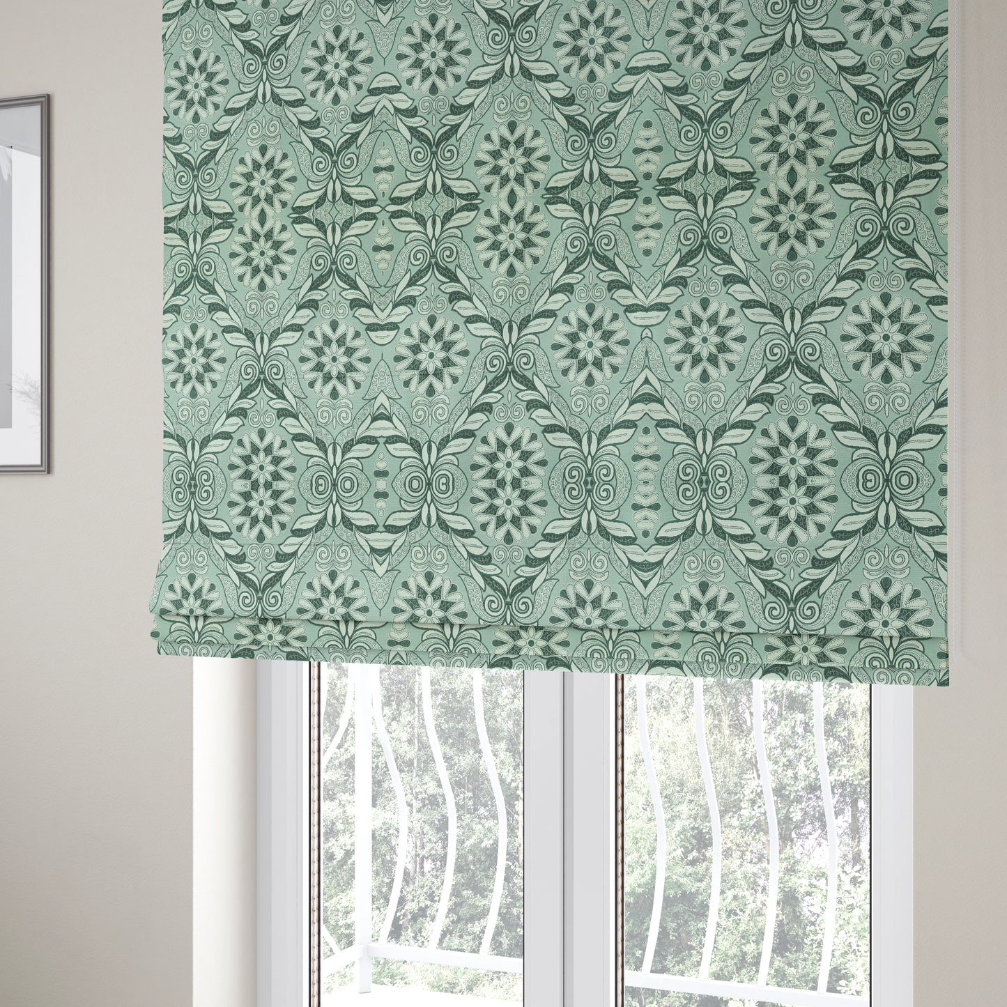 Sultan Collection Damask Floral Pattern Silver Shine Effect Teal Green Colour Upholstery Fabric CTR-140 - Roman Blinds