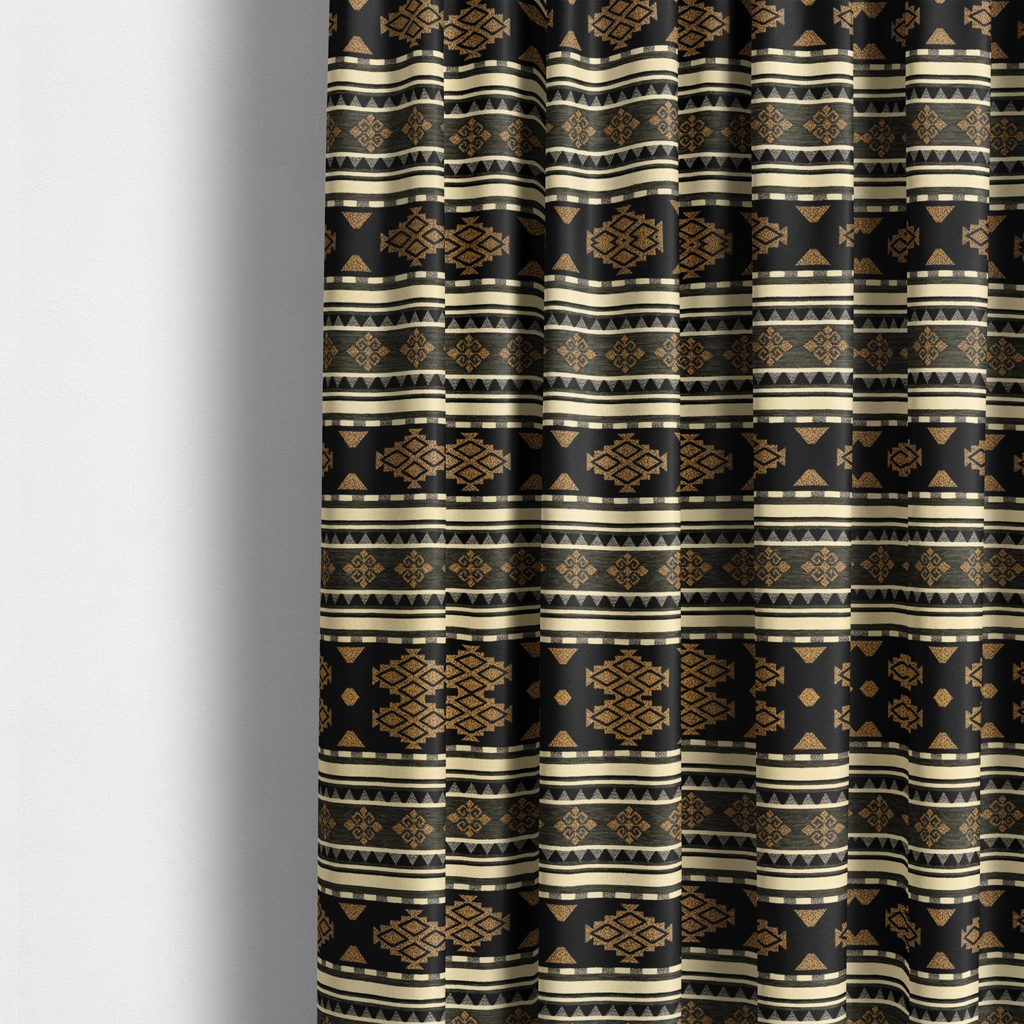 Anthropology Kilim Pattern Fabric In Grey Black Gold Colour Upholstery Furnishing Fabric CTR-146 - Made To Measure Curtains