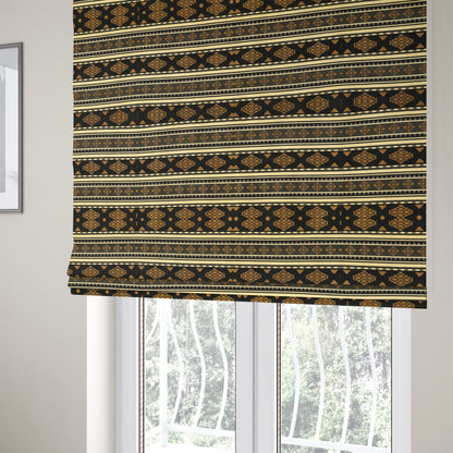 Anthropology Kilim Pattern Fabric In Grey Black Gold Colour Upholstery Furnishing Fabric CTR-146 - Roman Blinds