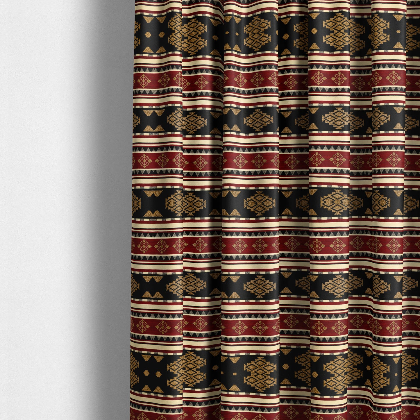 Anthropology Kilim Pattern Fabric In Burgundy Black Gold Colour Upholstery Furnishing Fabric CTR-147 - Made To Measure Curtains