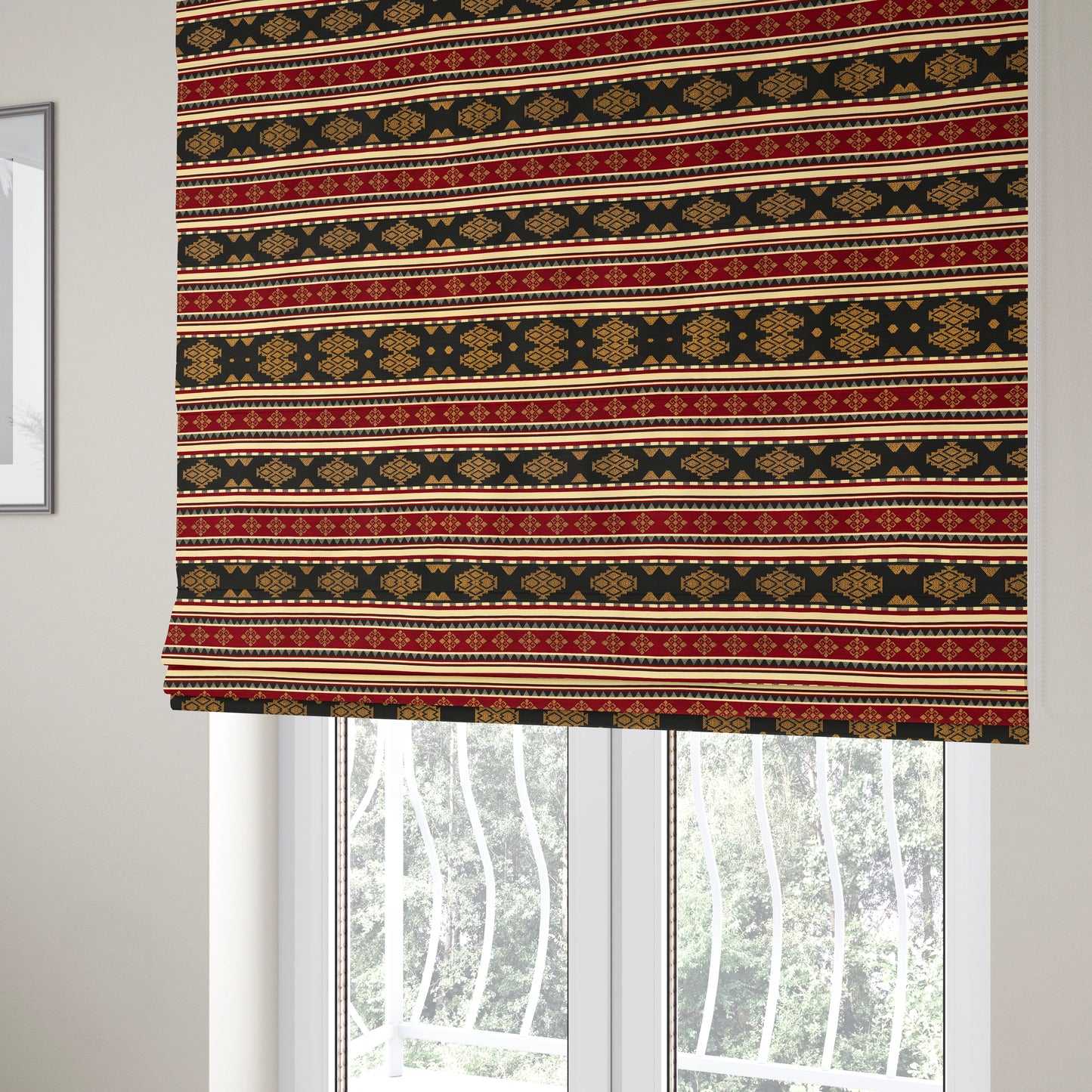 Anthropology Kilim Pattern Fabric In Burgundy Black Gold Colour Upholstery Furnishing Fabric CTR-147 - Roman Blinds