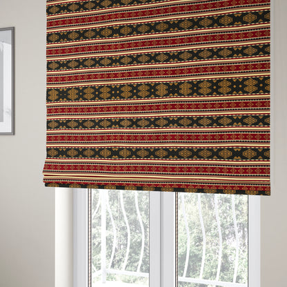 Anthropology Kilim Pattern Fabric In Burgundy Black Gold Colour Upholstery Furnishing Fabric CTR-147 - Roman Blinds