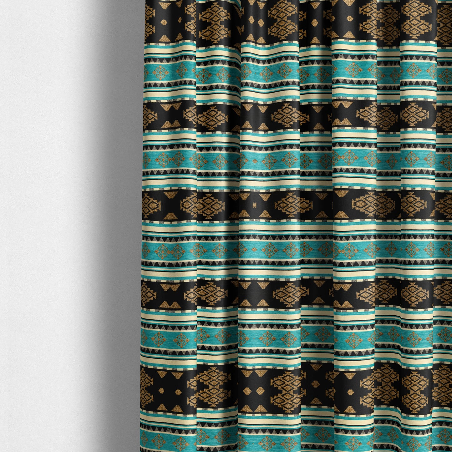 Anthropology Kilim Pattern Fabric In Teal Blue Black Gold Colour Upholstery Furnishing Fabric CTR-148 - Made To Measure Curtains