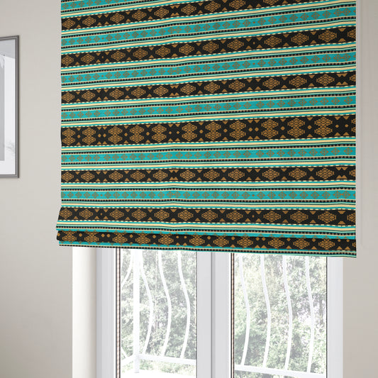 Anthropology Kilim Pattern Fabric In Teal Blue Black Gold Colour Upholstery Furnishing Fabric CTR-148 - Roman Blinds