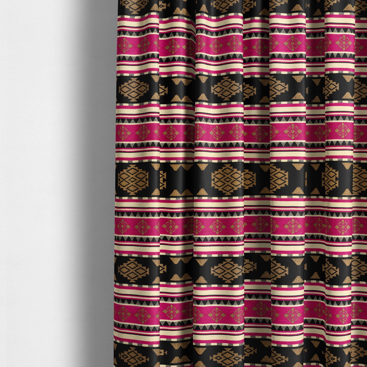 Anthropology Kilim Pattern Fabric In Pink Black Gold Colour Upholstery Furnishing Fabric CTR-149 - Made To Measure Curtains