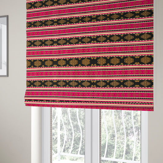 Anthropology Kilim Pattern Fabric In Pink Black Gold Colour Upholstery Furnishing Fabric CTR-149 - Roman Blinds