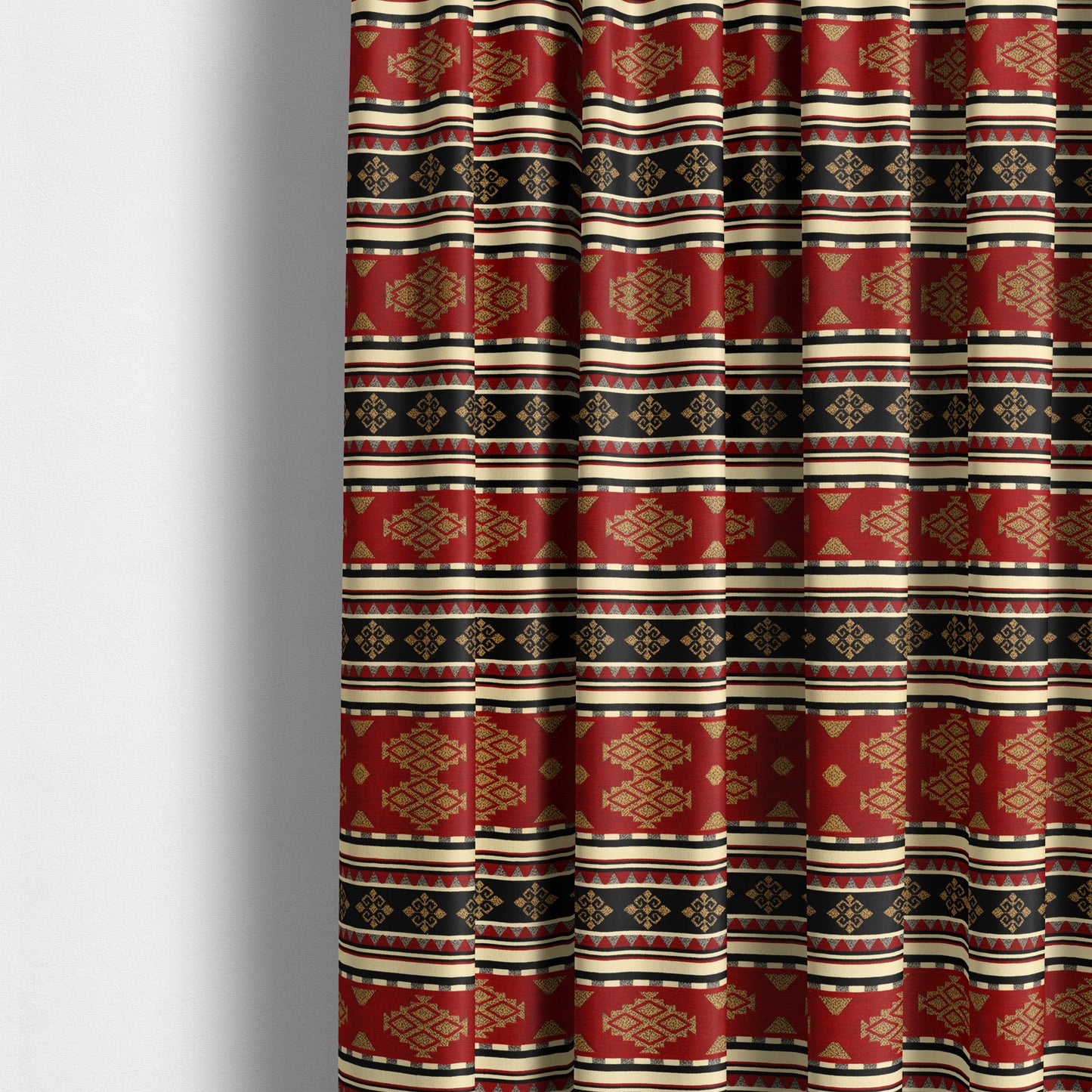 Anthropology Kilim Pattern Fabric In Red Black Gold Colour Upholstery Furnishing Fabric CTR-150 - Made To Measure Curtains