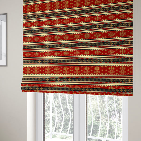 Anthropology Kilim Pattern Fabric In Red Black Gold Colour Upholstery Furnishing Fabric CTR-150 - Roman Blinds