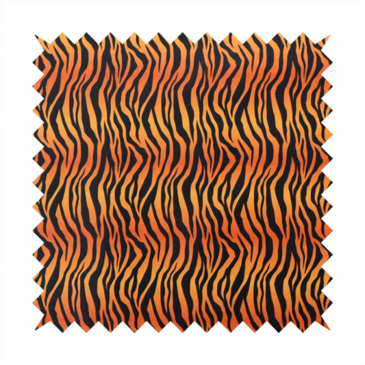 A vibrant, repeating tiger-stripe pattern featuring vertical black wavy stripes over an orange-to-yellow gradient background.