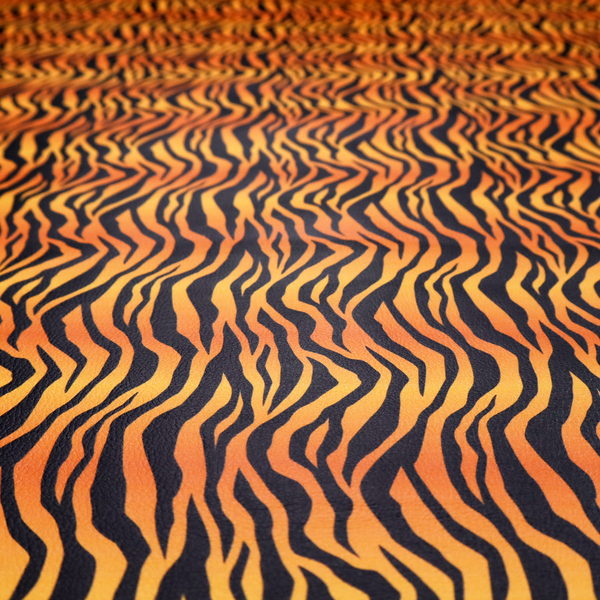 A vibrant, repeating tiger-stripe pattern featuring vertical black wavy stripes over an orange-to-yellow gradient background.
