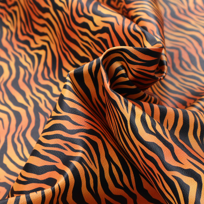 A vibrant, repeating tiger-stripe pattern featuring vertical black wavy stripes over an orange-to-yellow gradient background.