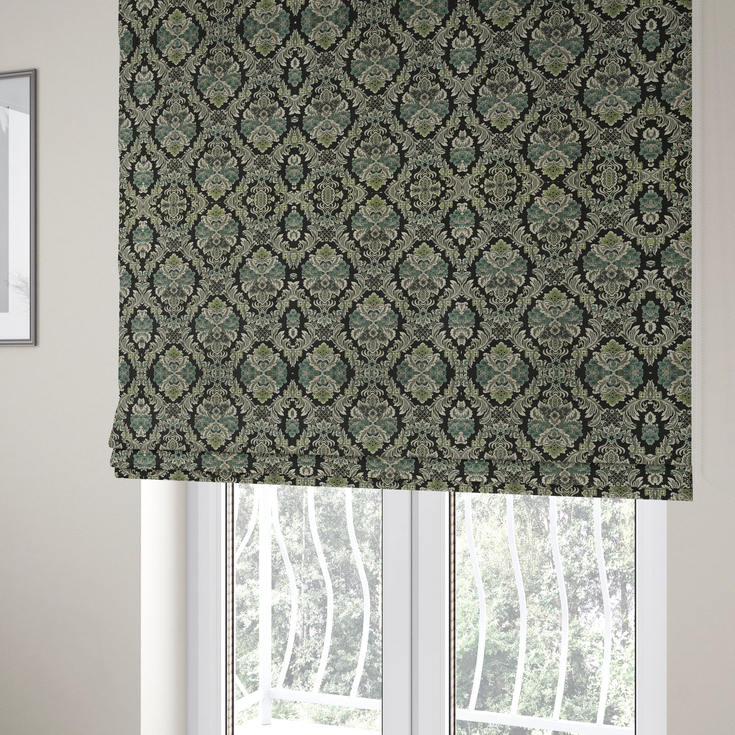 Legacy Damask Collection Exotic Rich Floral Pattern Black Blue Green Colour Upholstery Fabric CTR-153 - Roman Blinds