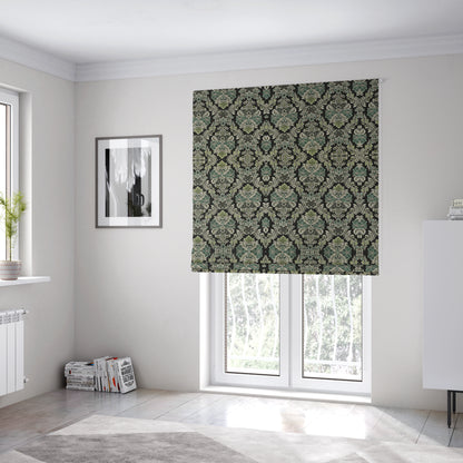 Legacy Damask Collection Exotic Rich Floral Pattern Black Blue Green Colour Upholstery Fabric CTR-153 - Roman Blinds