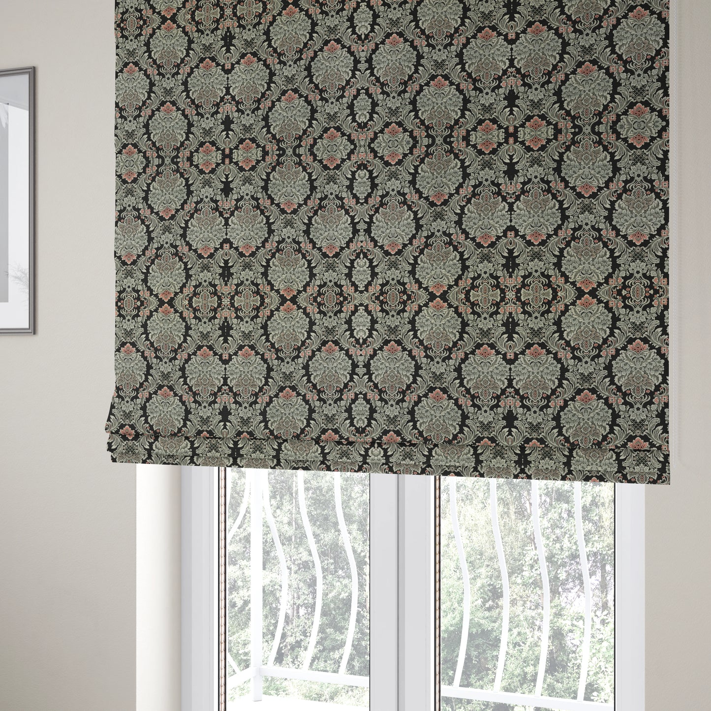 Legacy Damask Collection Exotic Rich Floral Pattern Black Grey Pink Colour Upholstery Fabric CTR-154 - Roman Blinds