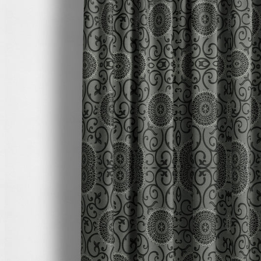 Anthozoa Collection Round Floral Shiny Finish Pattern In Black Upholstery Fabric CTR-157 - Made To Measure Curtains