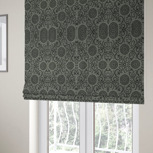 Anthozoa Collection Round Floral Shiny Finish Pattern In Black Upholstery Fabric CTR-157 - Roman Blinds