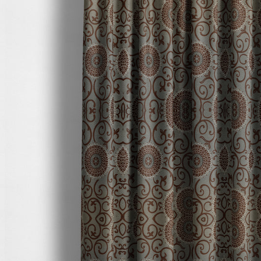 Anthozoa Collection Round Floral Shiny Finish Pattern In Brown Upholstery Fabric CTR-160 - Made To Measure Curtains