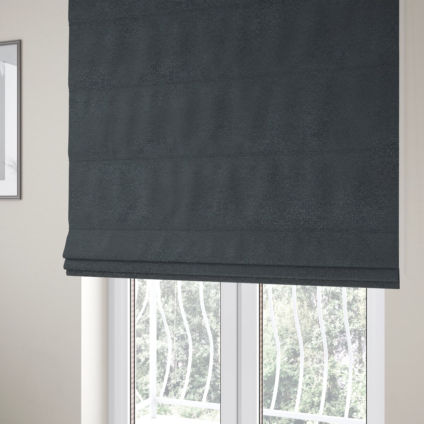 Manekpore Soft Plain Chenille Water Repellent Black Grey Upholstery Fabric CTR-1613 - Roman Blinds