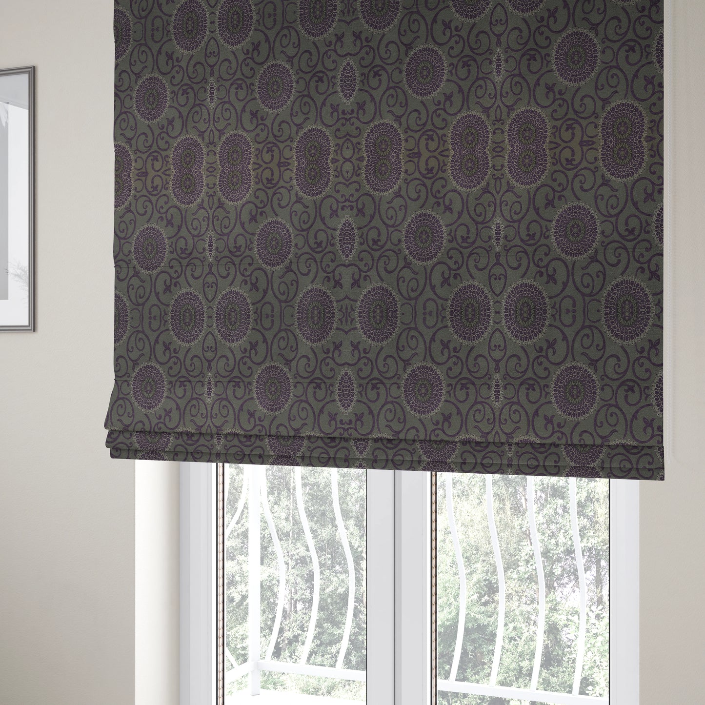 Anthozoa Collection Round Floral Shiny Finish Pattern In Purple Upholstery Fabric CTR-163 - Roman Blinds