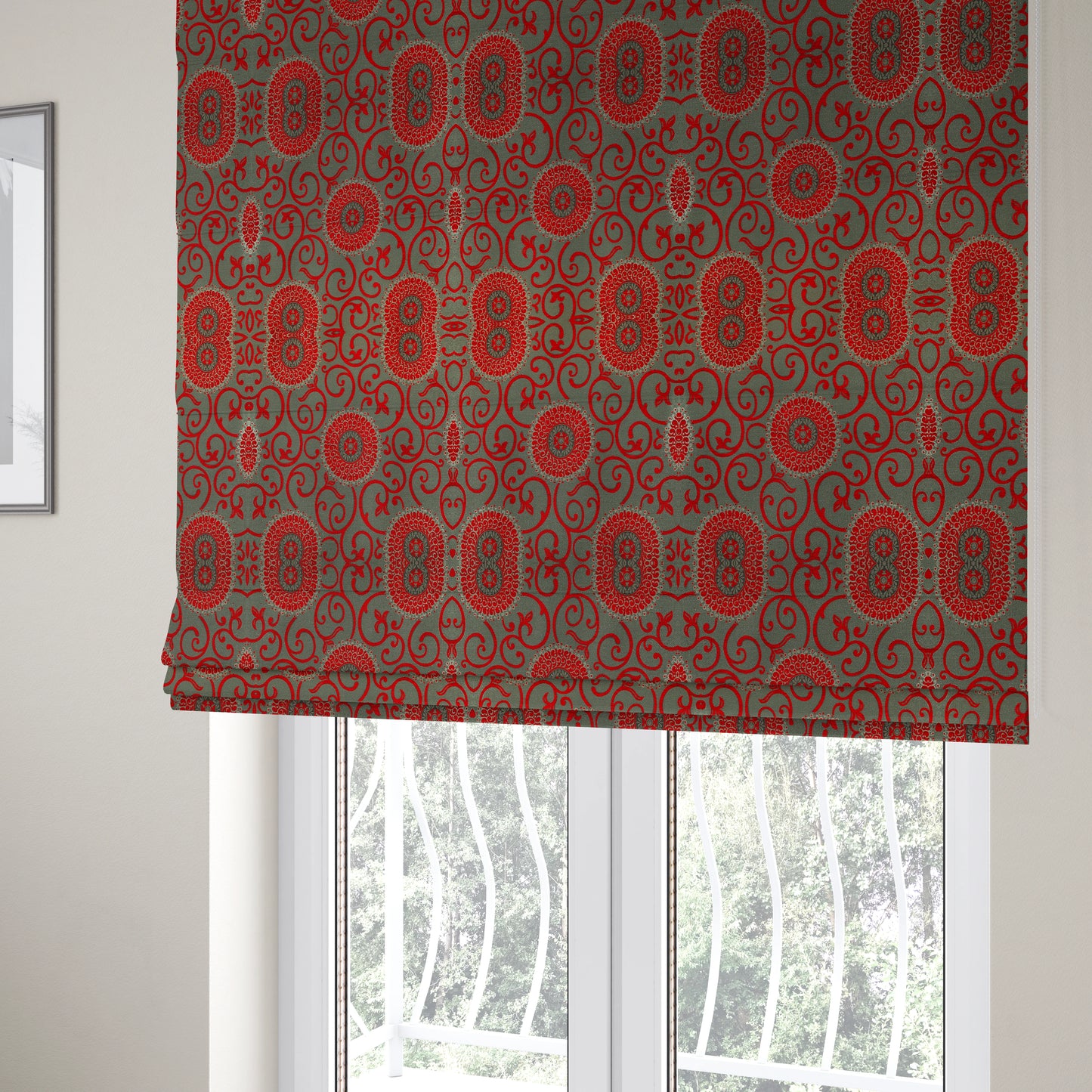 Anthozoa Collection Round Floral Shiny Finish Pattern In Red Upholstery Fabric CTR-164 - Roman Blinds