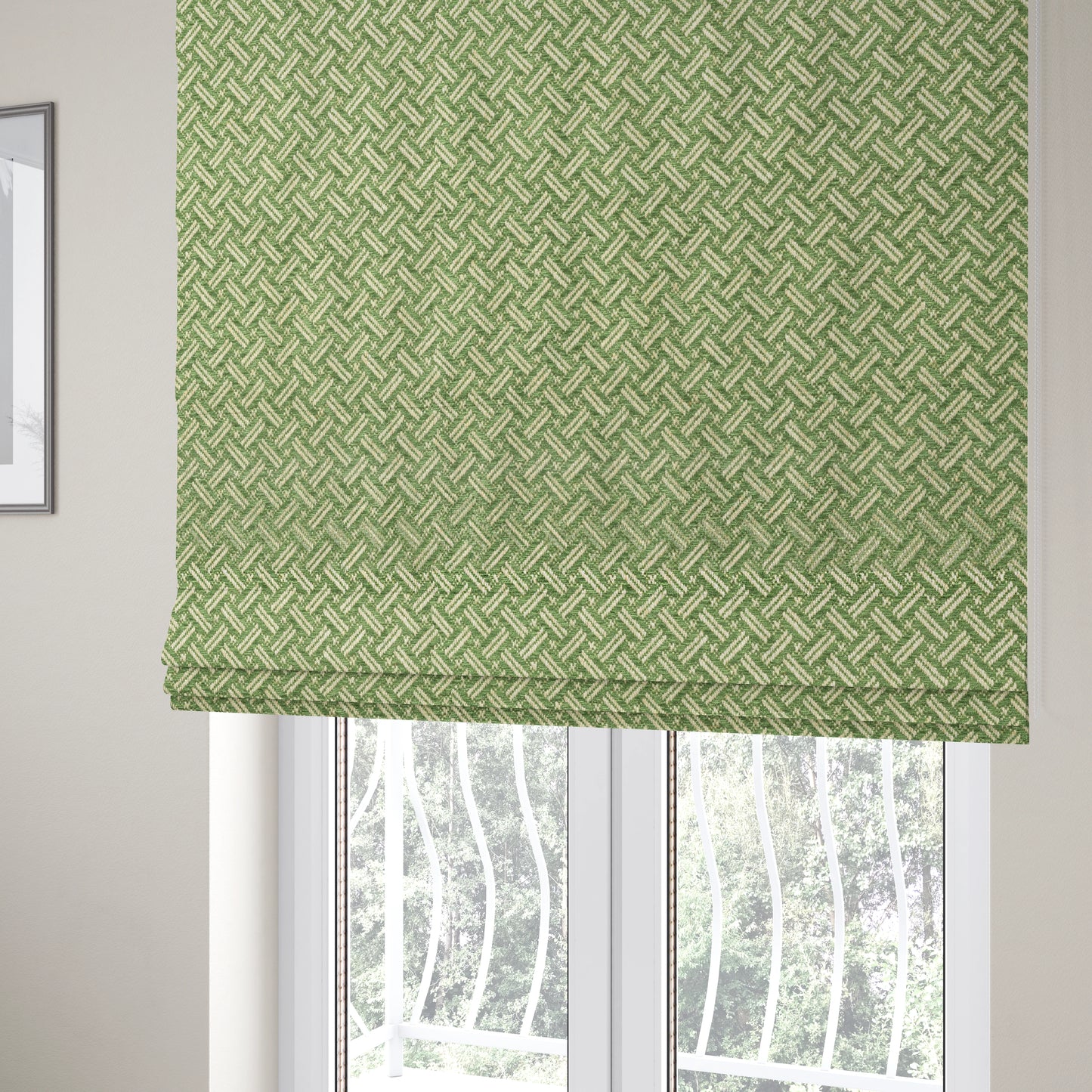 Hazel Geometric Patterned Chenille Material Green Colour Upholstery Fabric CTR-1826 - Roman Blinds