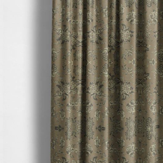 Mumbai Raised Textured Chenille Grey With Cream Colour Floral Pattern Upholstery Fabric CTR-184 - Made To Measure Curtains