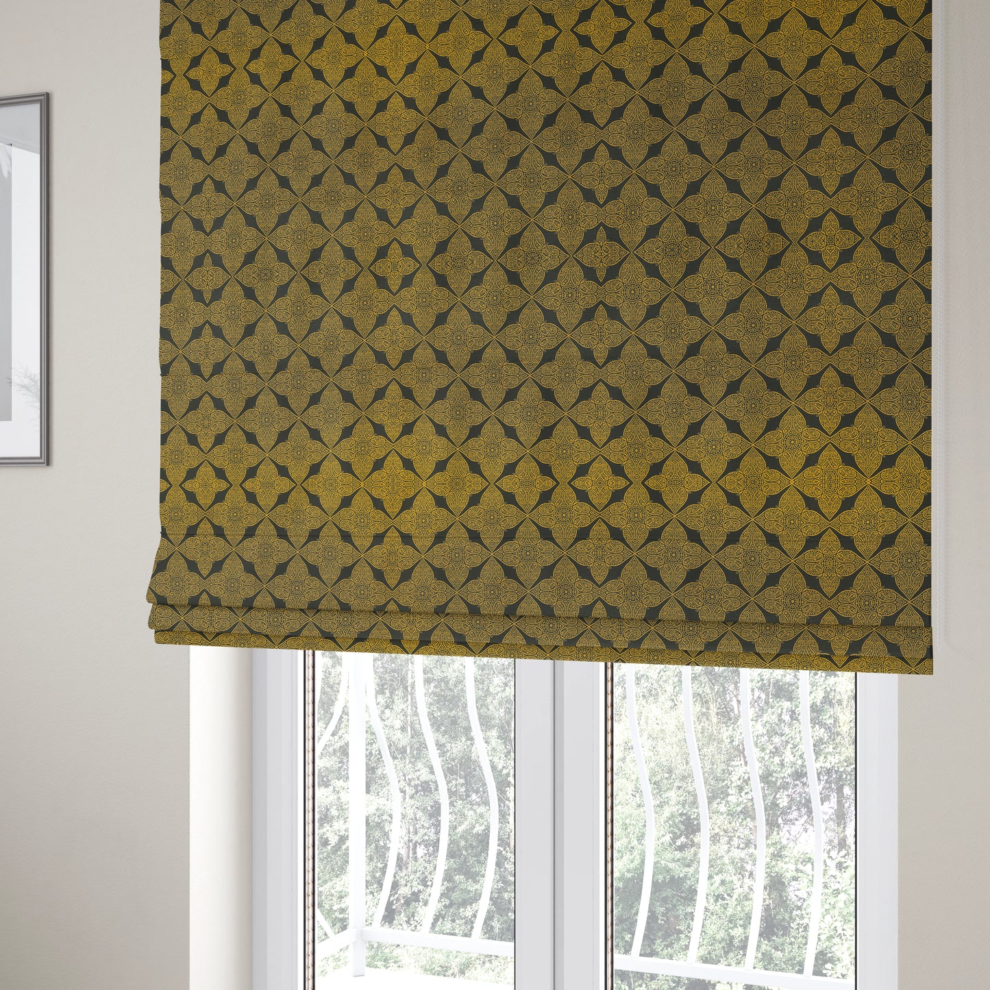 Zenith Collection In Smooth Chenille Finish Black With Gold Colour Medallion Pattern Upholstery Fabric CTR-185 - Roman Blinds