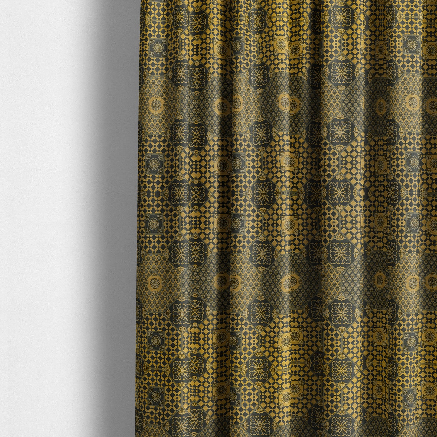 Zenith Collection In Smooth Chenille Finish Black With Gold Colour Patchwork Pattern Upholstery Fabric CTR-186 - Made To Measure Curtains