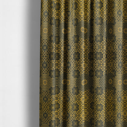 Zenith Collection In Smooth Chenille Finish Black With Gold Colour Patchwork Pattern Upholstery Fabric CTR-186 - Made To Measure Curtains