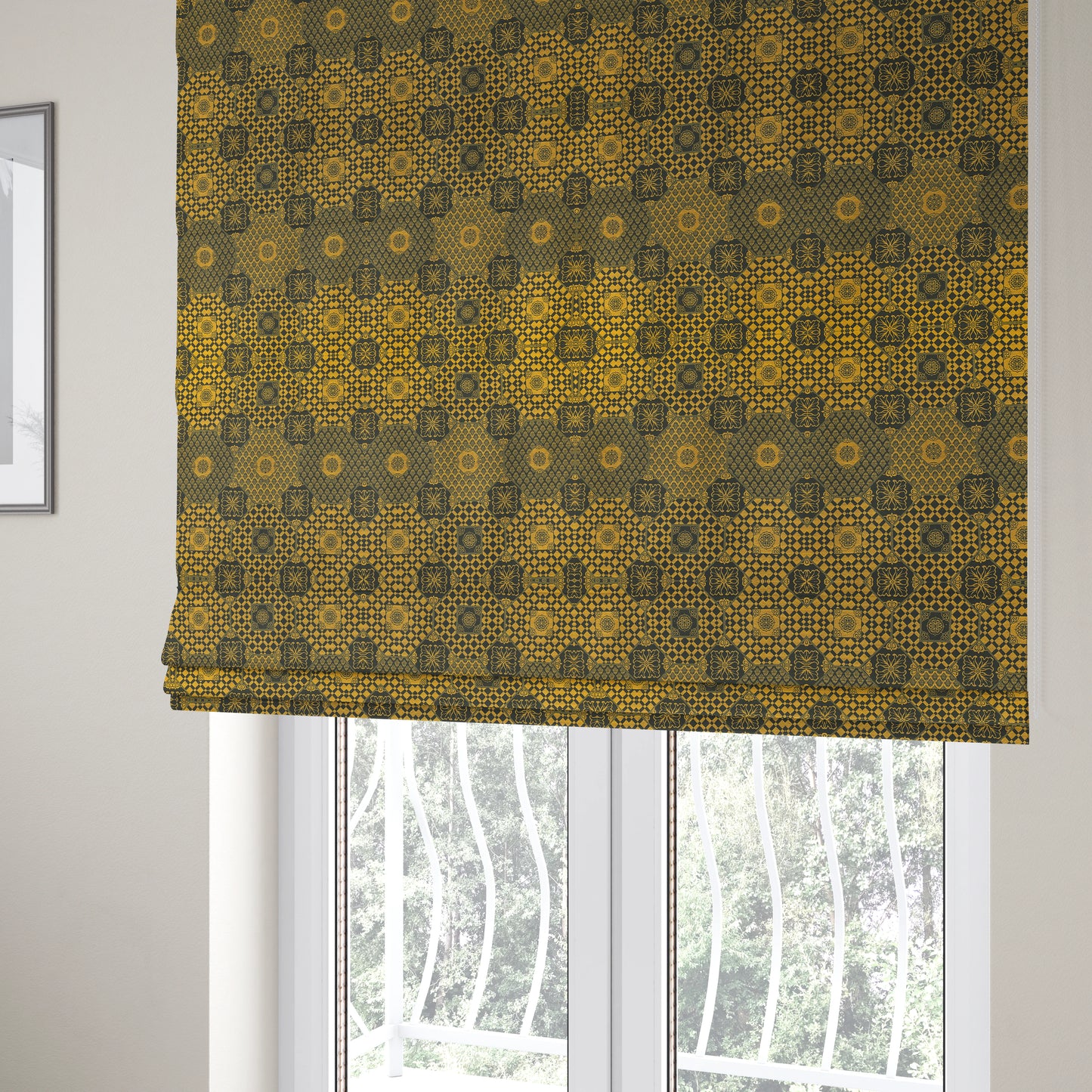 Zenith Collection In Smooth Chenille Finish Black With Gold Colour Patchwork Pattern Upholstery Fabric CTR-186 - Roman Blinds