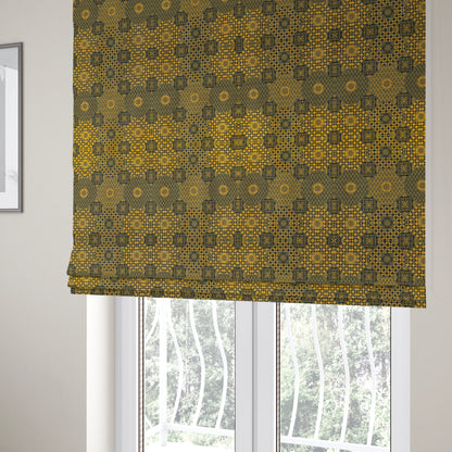 Zenith Collection In Smooth Chenille Finish Black With Gold Colour Patchwork Pattern Upholstery Fabric CTR-186 - Roman Blinds