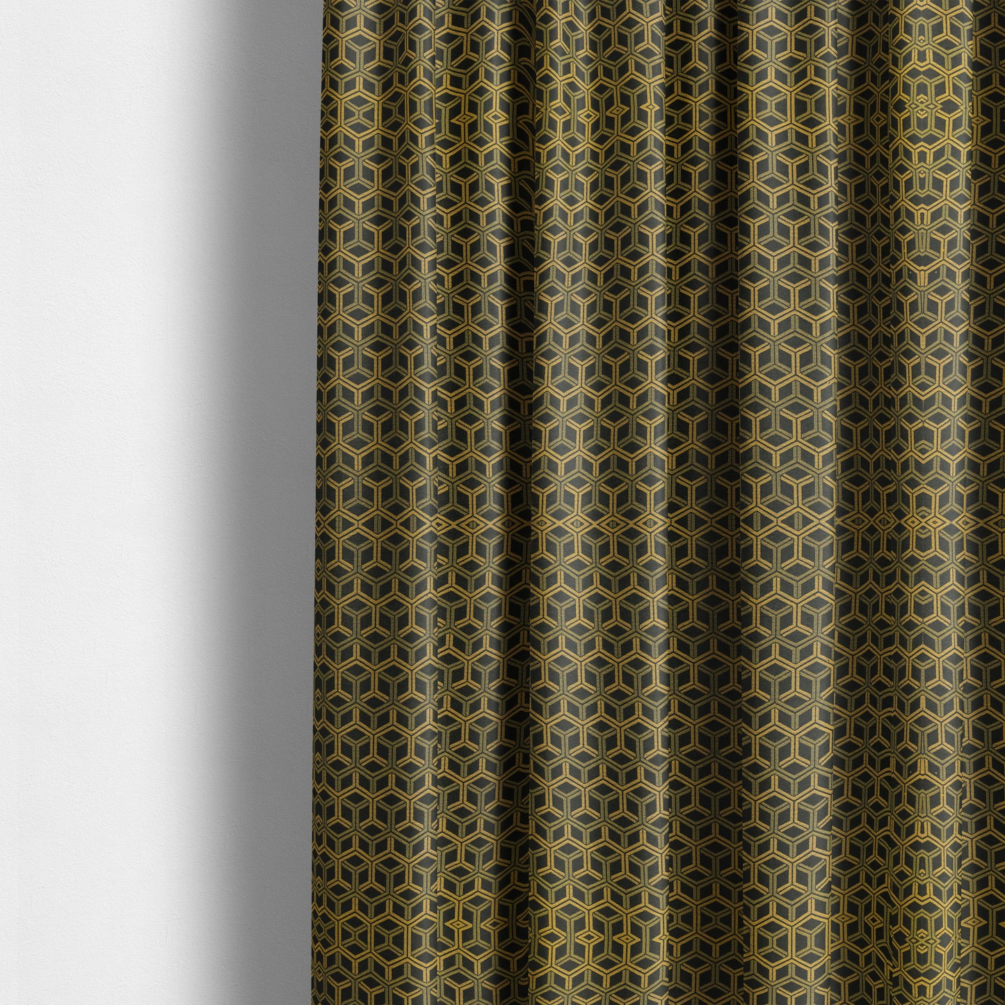 Zenith Collection In Smooth Chenille Finish Black With Gold Colour 3D Cube Geometric Pattern Upholstery Fabric CTR-187 - Made To Measure Curtains