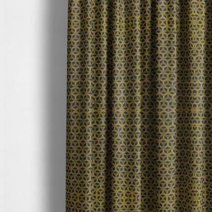 Zenith Collection In Smooth Chenille Finish Black With Gold Colour 3D Cube Geometric Pattern Upholstery Fabric CTR-187 - Made To Measure Curtains