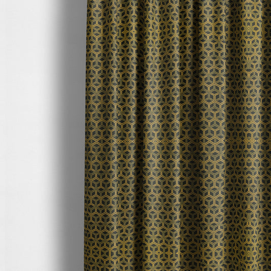 Zenith Collection In Smooth Chenille Finish Black With Gold Colour 3D Cube Geometric Pattern Upholstery Fabric CTR-187 - Made To Measure Curtains