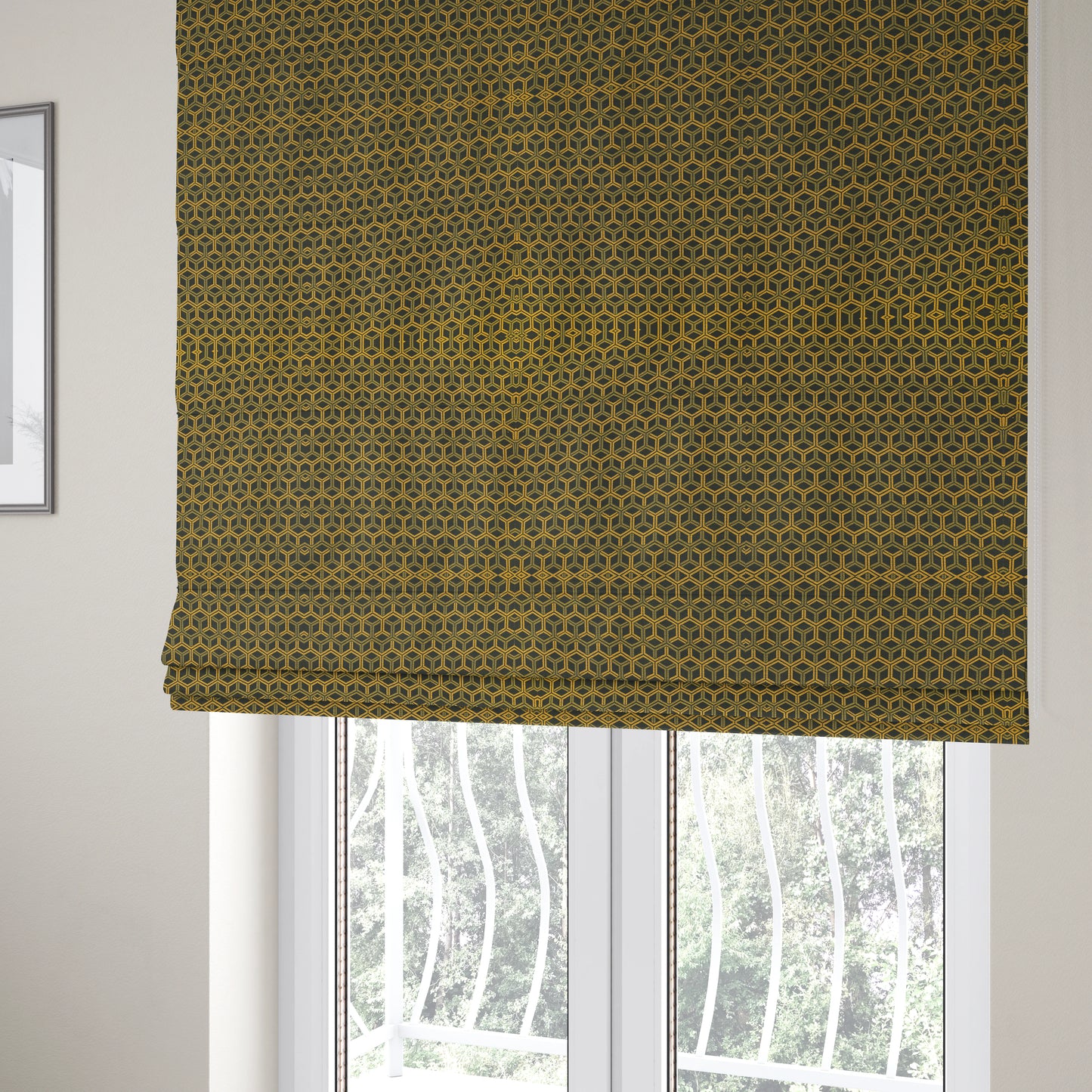 Zenith Collection In Smooth Chenille Finish Black With Gold Colour 3D Cube Geometric Pattern Upholstery Fabric CTR-187 - Roman Blinds