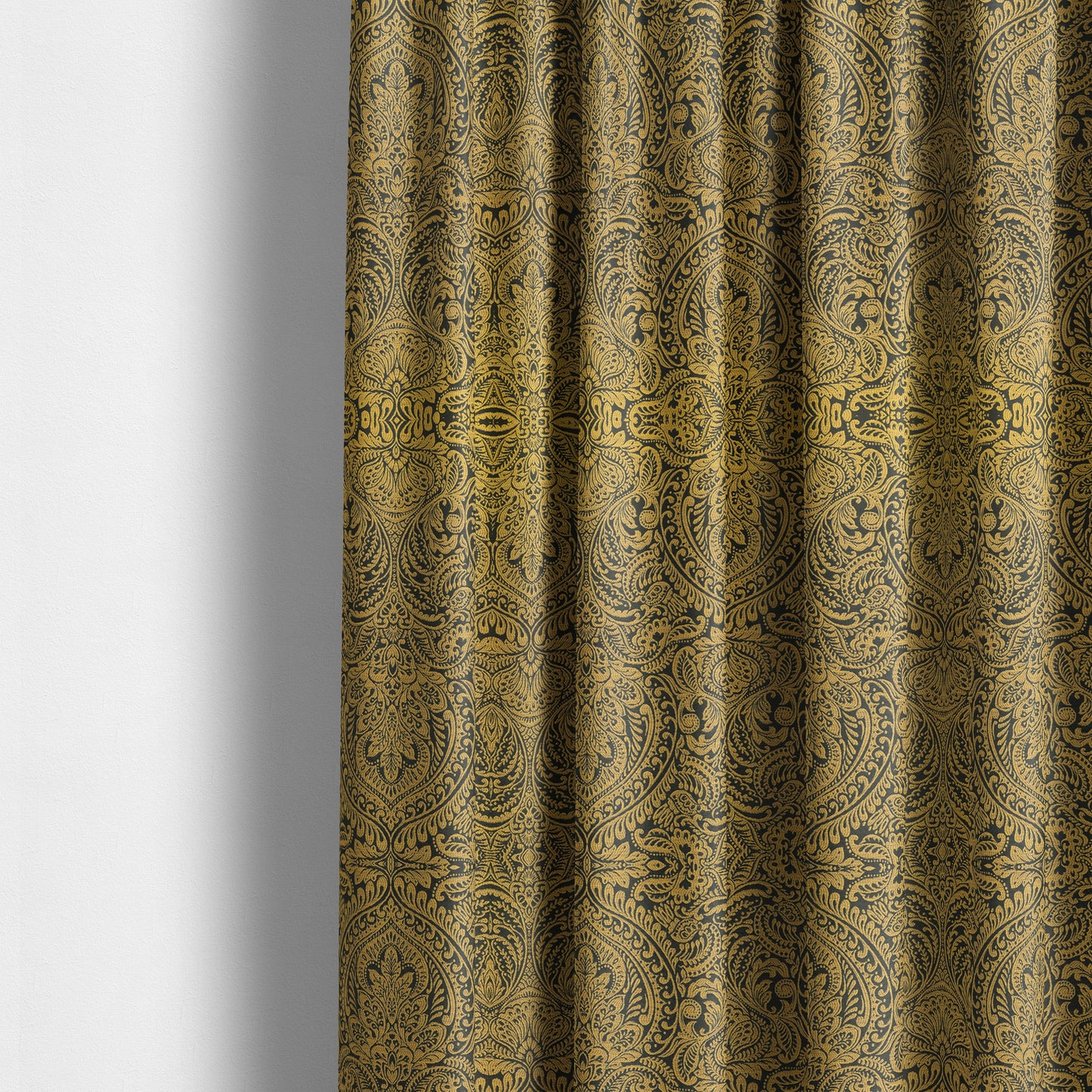 Zenith Collection In Smooth Chenille Finish Black With Gold Colour Damask Pattern Upholstery Fabric CTR-189 - Made To Measure Curtains