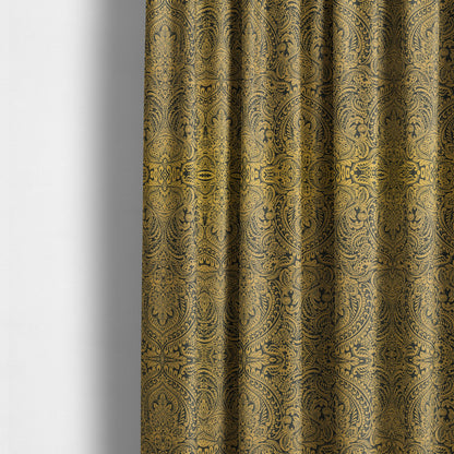 Zenith Collection In Smooth Chenille Finish Black With Gold Colour Damask Pattern Upholstery Fabric CTR-189 - Made To Measure Curtains