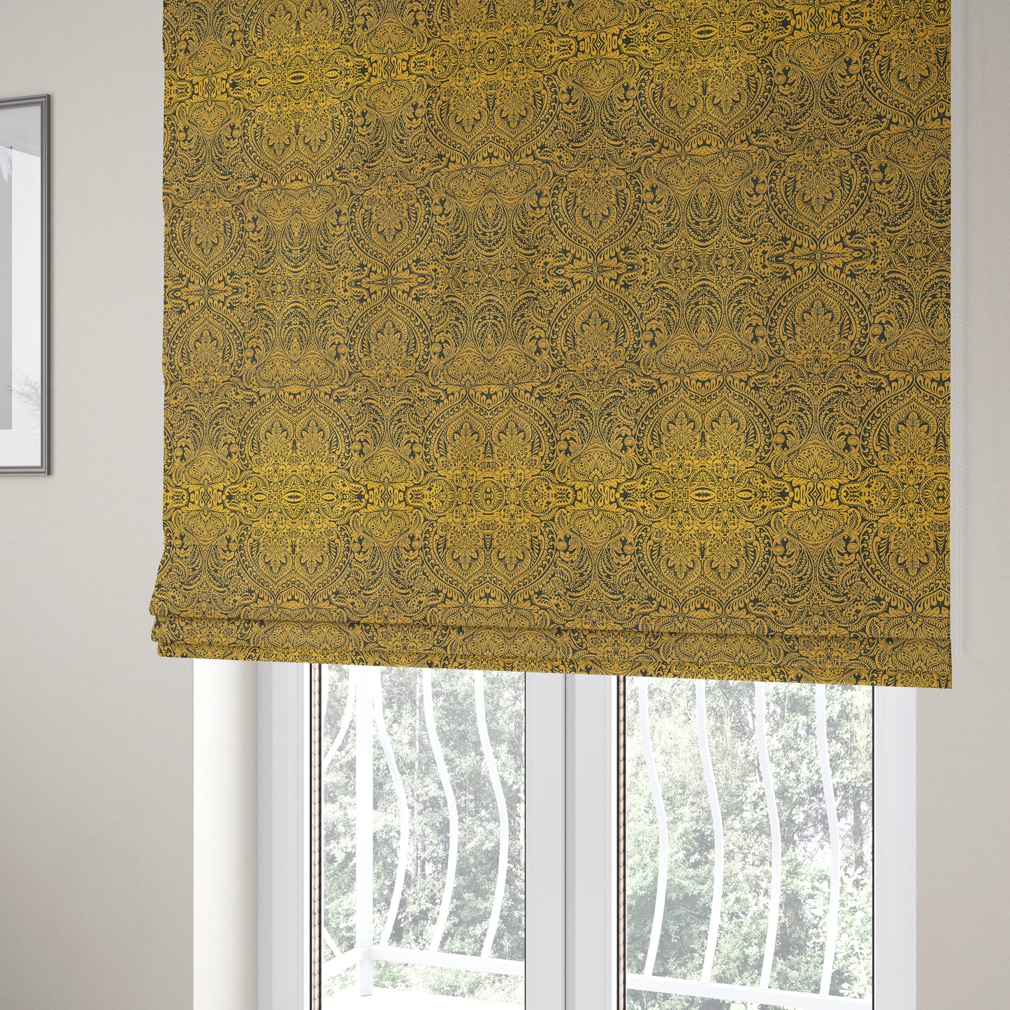 Zenith Collection In Smooth Chenille Finish Black With Gold Colour Damask Pattern Upholstery Fabric CTR-189 - Roman Blinds