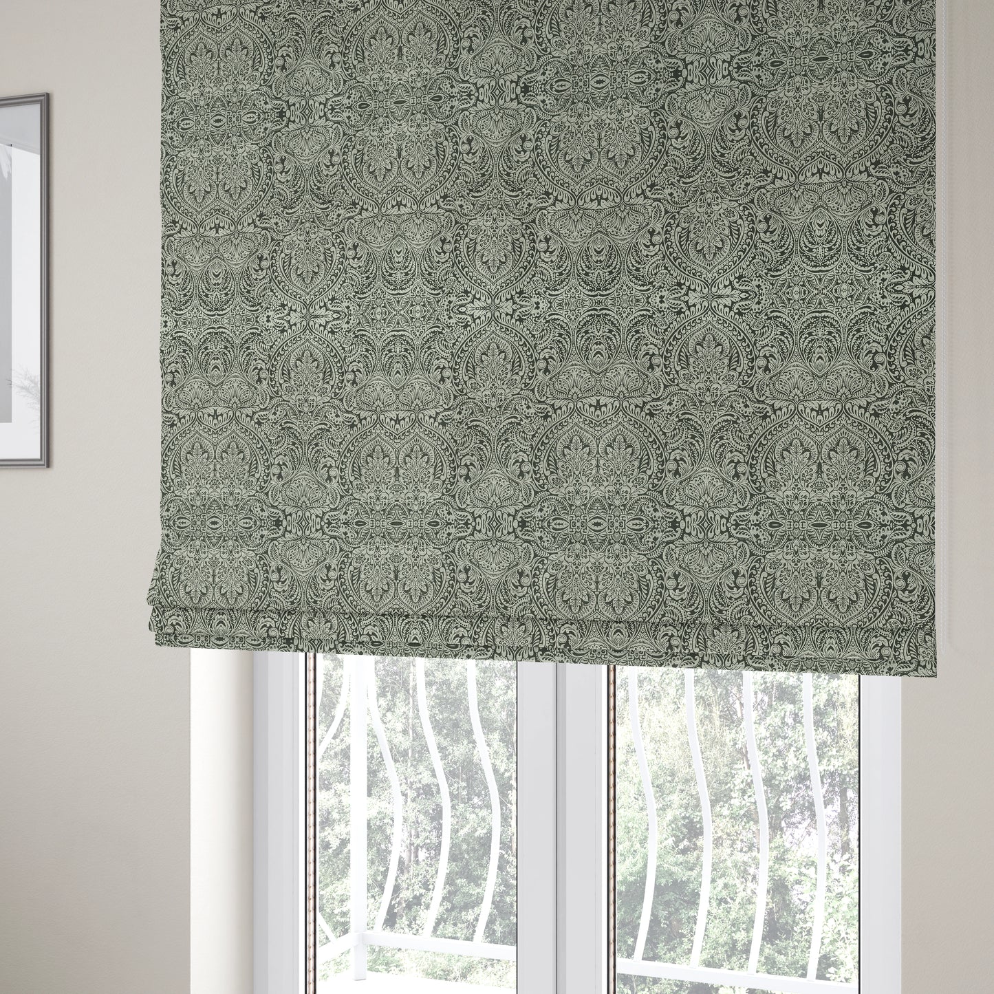 Zenith Collection In Smooth Chenille Finish Black With Grey Colour Damask Pattern Upholstery Fabric CTR-190 - Roman Blinds