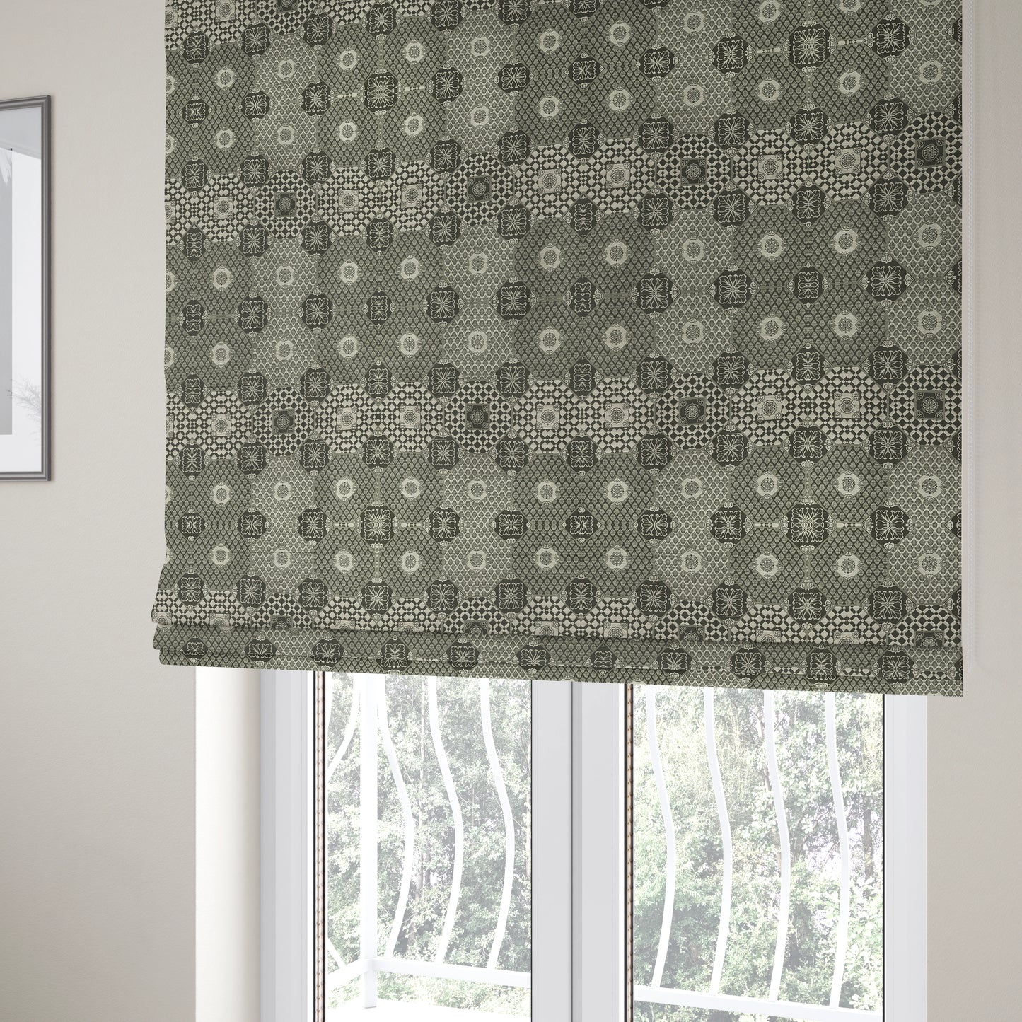 Zenith Collection In Smooth Chenille Finish Black With Grey Colour Patchwork Pattern Upholstery Fabric CTR-191 - Roman Blinds