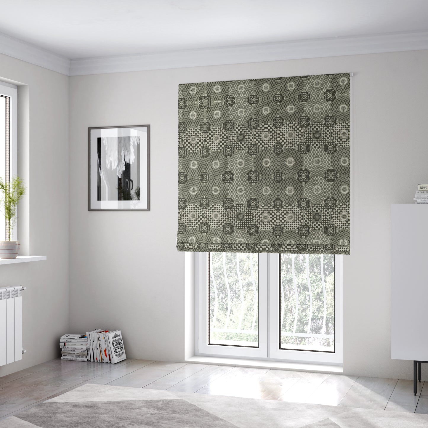 Zenith Collection In Smooth Chenille Finish Black With Grey Colour Patchwork Pattern Upholstery Fabric CTR-191 - Roman Blinds