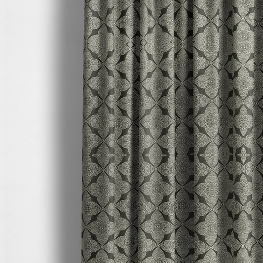 Zenith Collection In Smooth Chenille Finish Black With Grey Colour Medallion Pattern Upholstery Fabric CTR-194 - Made To Measure Curtains